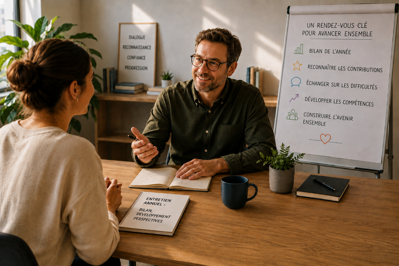 Manager et collaborateur échangeant lors d'un entretien annuel, bilan de l'année et perspectives